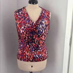 Worthington Red and Purple Graphic Sleeveless Blouse